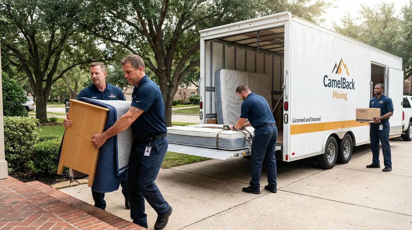 Crew loading residential truck for cross-state move from Menominee, MI