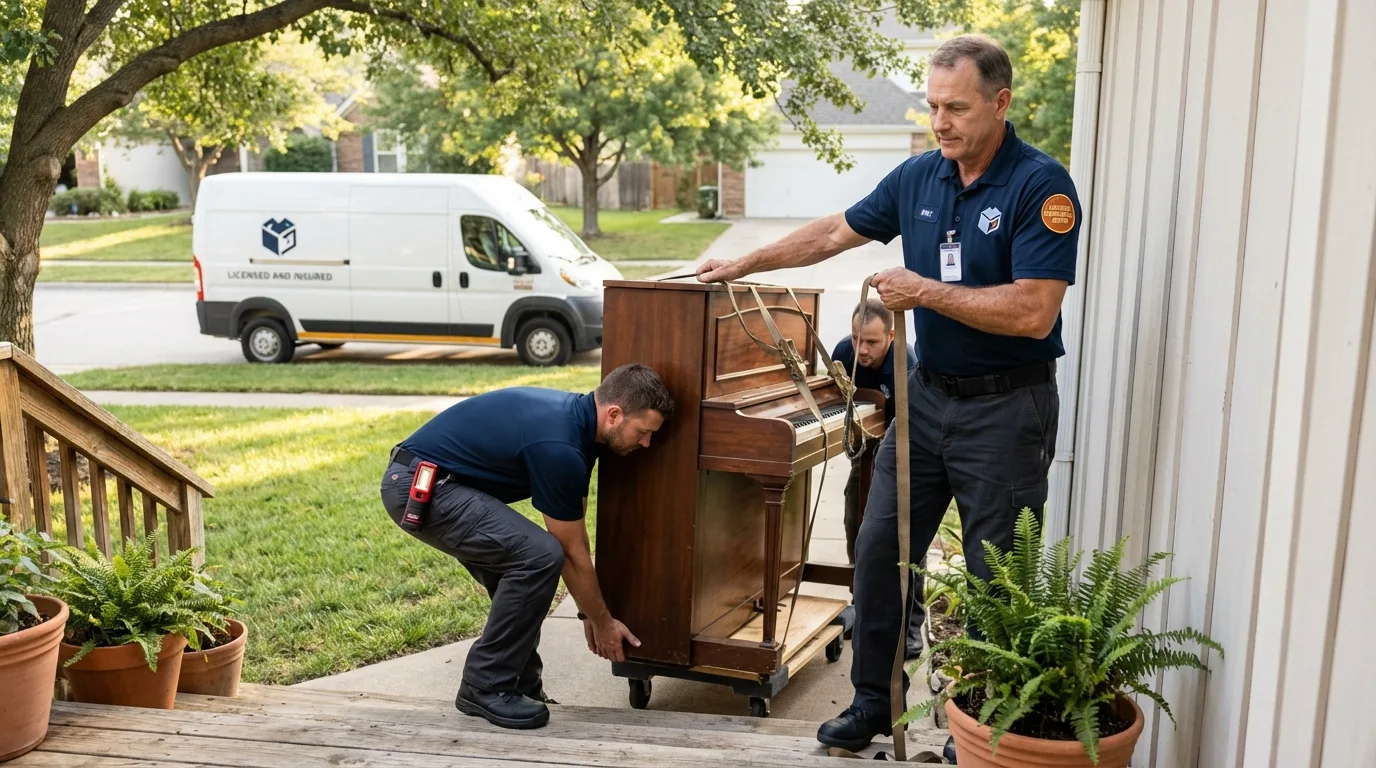 Licensed piano movers securing grand piano in Menominee, MI