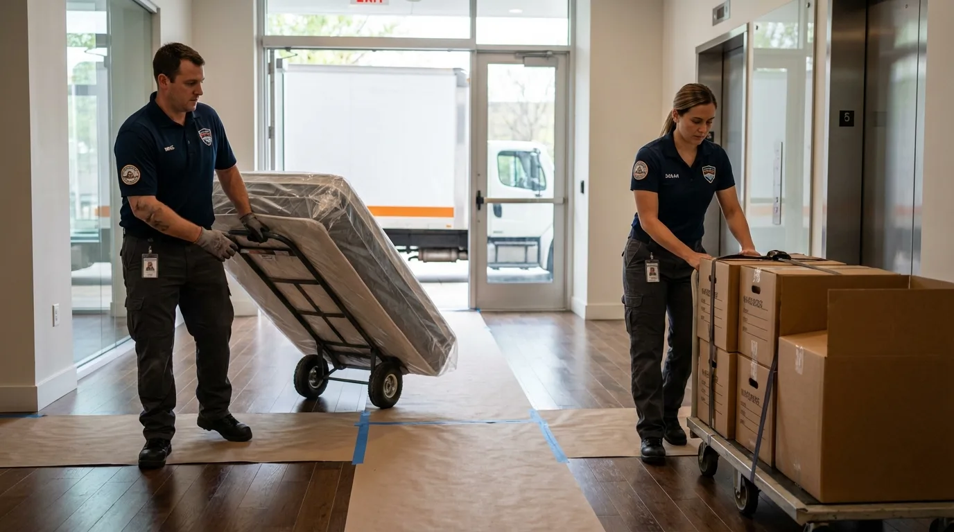 Professional apartment movers loading elevator in Menominee, MI